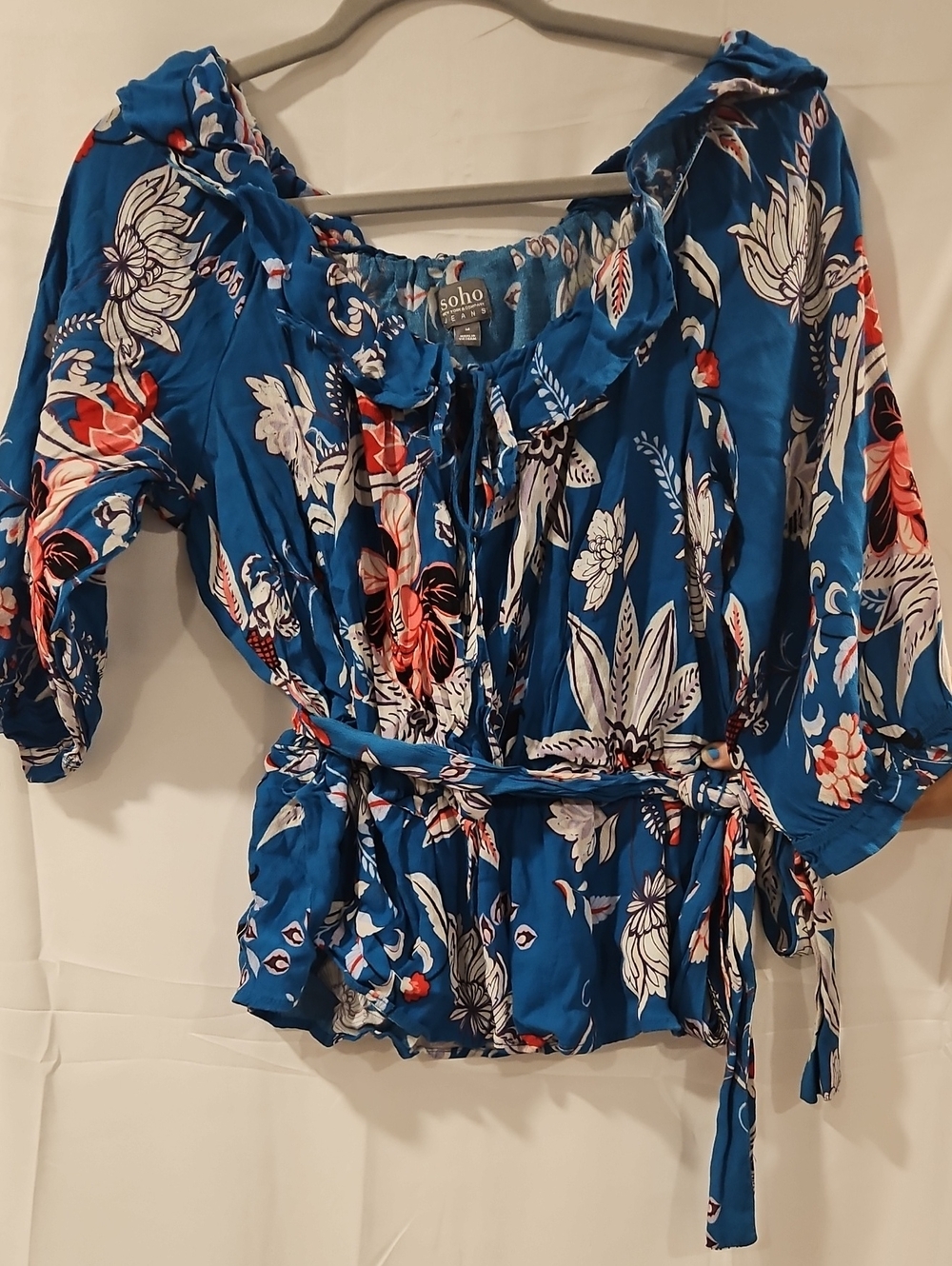 Soho Royal Blue Floral Tie-Waist Peasant Top